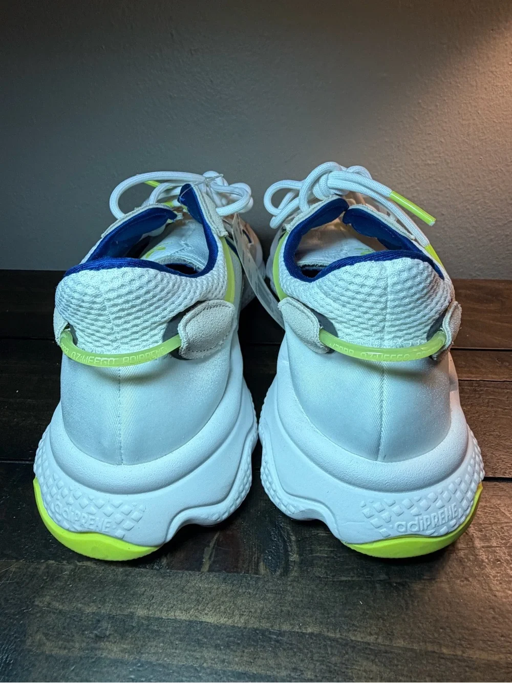 Men’s Adidas White, Blue & Neon Yellow Athletic Sneakers